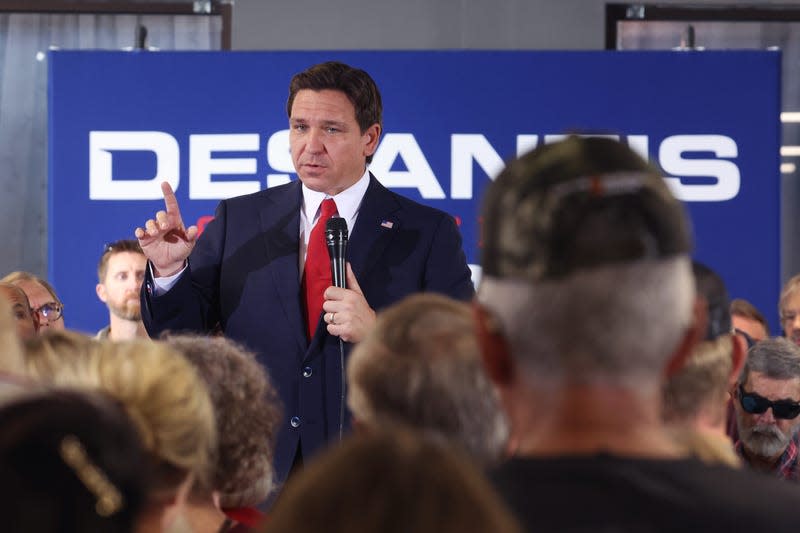 CEDAR RAPIDS, IOWA - OCTOBER 08: Republican presidential candidate Florida Governor Ron DeSantis speaks to guests during a campaign event at Refuge City Church on October 08, 2023 in Cedar Rapids, Iowa. 