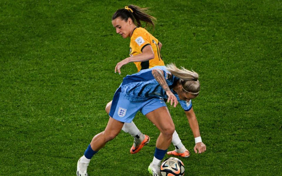 Rachel Daly fights for the ball during the Australia and New Zealand 2023 Women's World Cup semi-final football