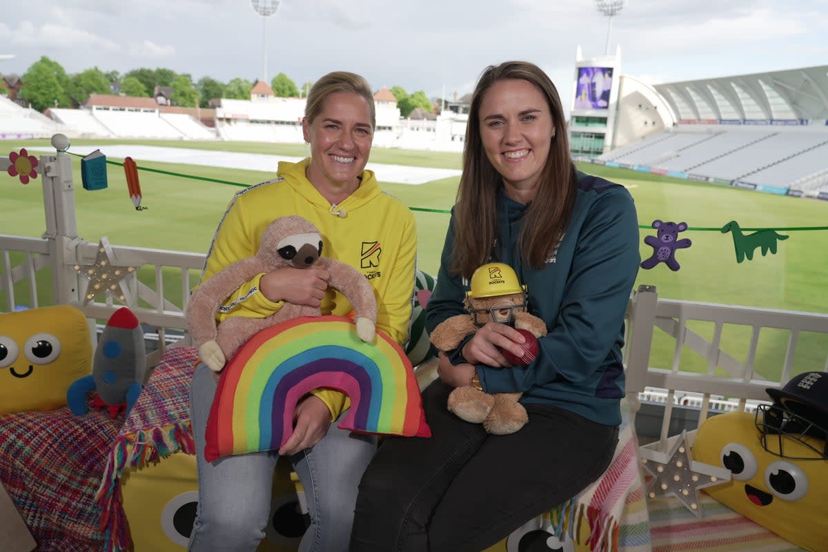 England women’s cricketers Nat and Katherine Sciver-Brunt will become the first LGBT couple to appear on CBeebies Bedtime Stories (CBeebies/BBC/PA)