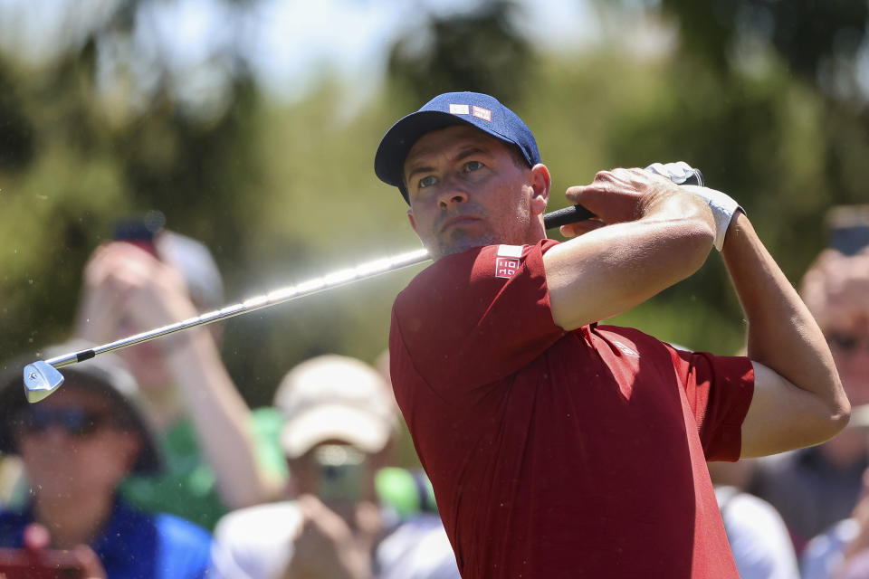 Australia's Adam Scott tees off on the 7th hole during the Australian Open golf championship at Victoria golf course in Melbourne, Australia, Friday, Dec. 2, 2022. (AP Photo/Asanka Brendon Ratnayake)