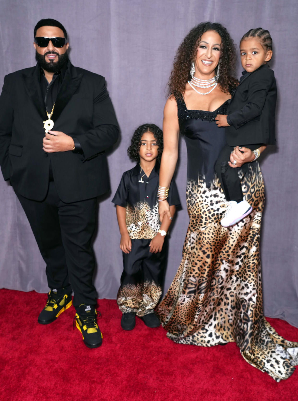DJ Khaled, Asahd Khaled, Nicole Tuck, and Aalam Khaled at the 65th GRAMMY Awards. (Kevin Mazur / Getty Images)