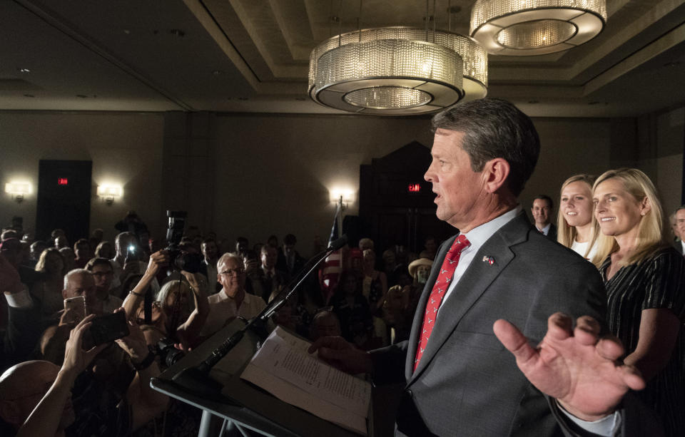 Georgia Secretary of State Brian Kemp speaks during a unity rally, Thursday, July 26, 2018, in Peachtree Corners, Ga. Kemp and fellow Republican Casey Cagle faced off in a heated gubernatorial primary runoff race which Kemp won. (AP Photo/John Amis)