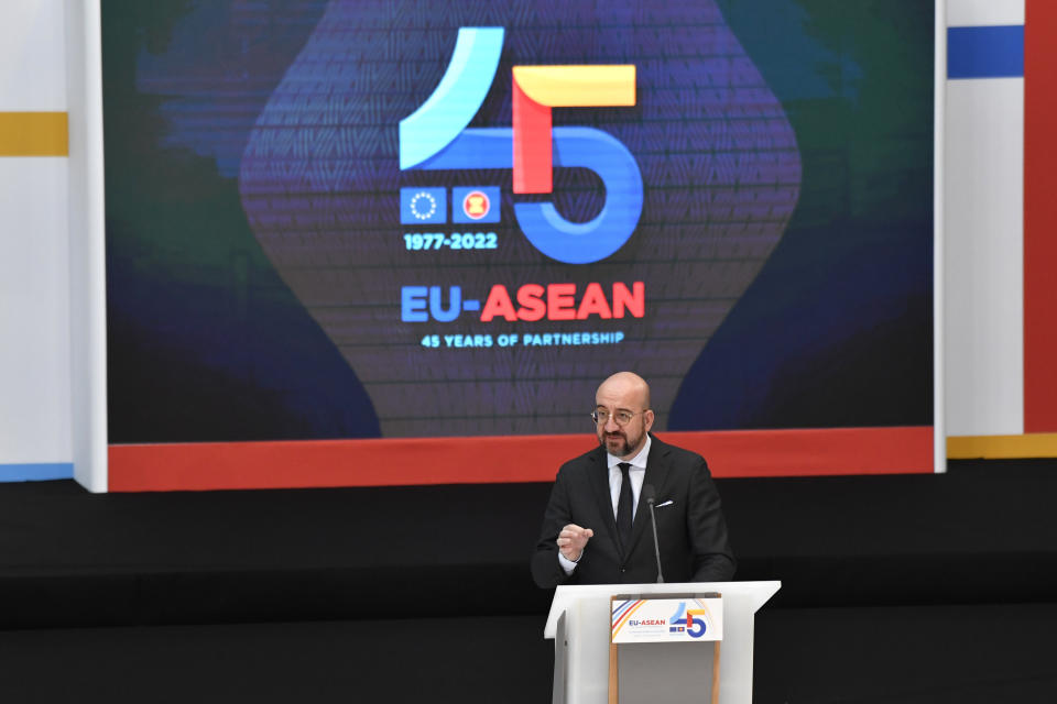 European Council President Charles Michel speaks during the opening ceremony at an EU-ASEAN summit in Brussels, Wednesday, Dec. 14, 2022. EU and ASEAN leaders meet in Brussels for a one day summit to discuss the EU-ASEAN strategic partnership, trade relations and various international topics. (AP Photo/Geert Vanden Wijngaert)