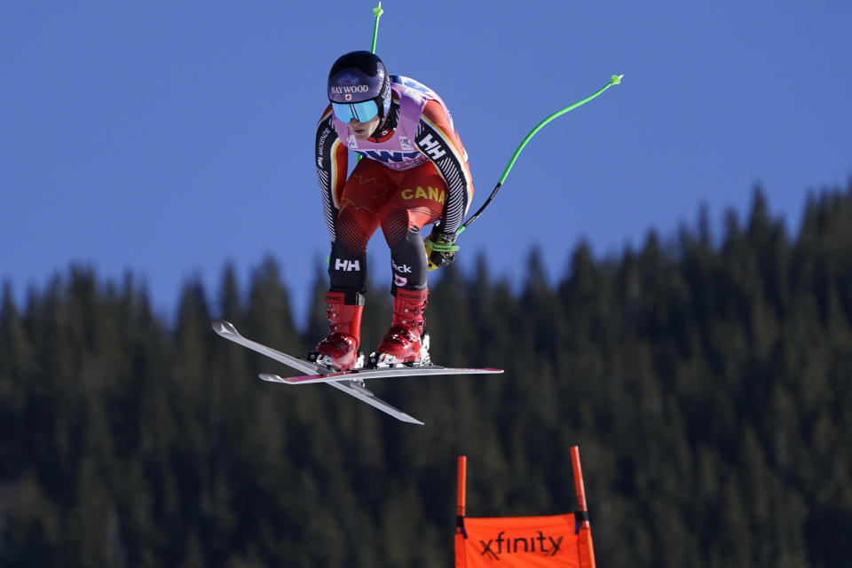 Canada's Brodie Seger skis during a men's World Cup downhill skiing training run Wednesday, Dec. 1, 2021, in Beaver Creek, Colo. (AP Photo/Gregory Bull)