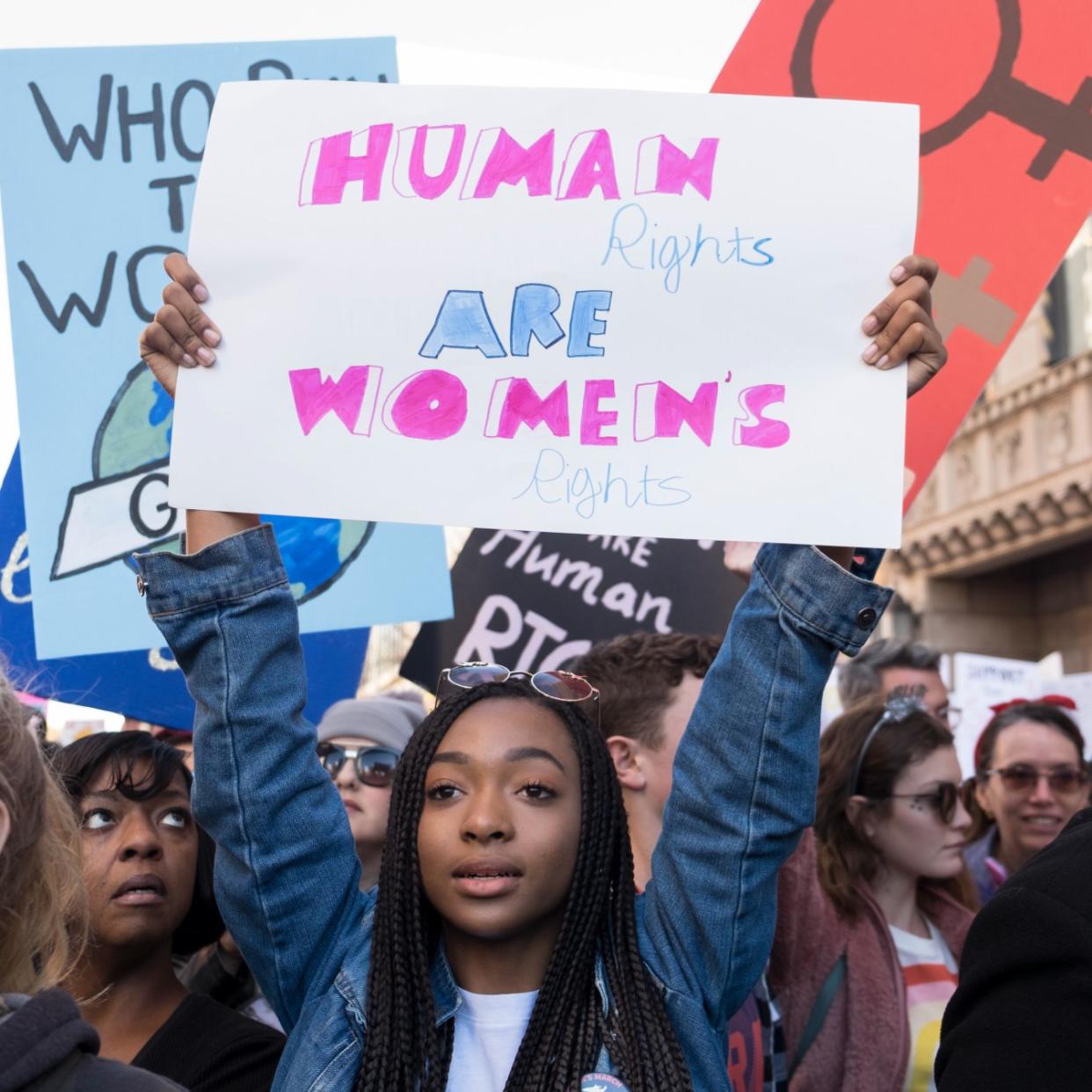   An activist participates in the Women's March Los Angeles 2018 on January 20, 2018 in Los Angeles, California 