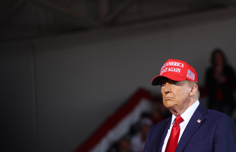 TOPSHOT - Former US President and Republican presidential candidate Donald Trump speaks during a campaign rally at the Dodge County airport in Juneau, Wisconsin, October 6, 2024. (Photo by alex wroblewski / AFP) (Photo by ALEX WROBLEWSKI/AFP via Getty Images)