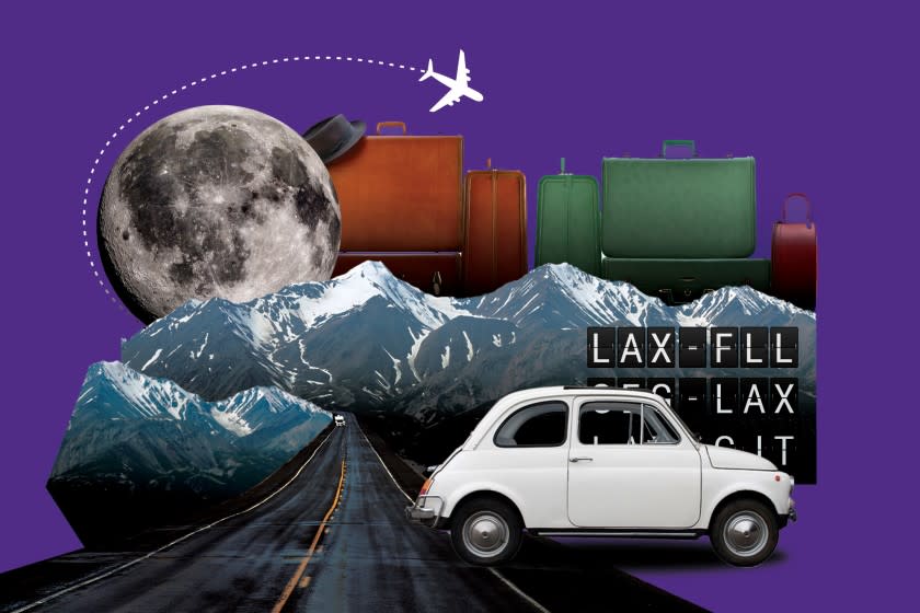 Colage illustration of mountains, a highway, luggage, the moon, a car and a plane.