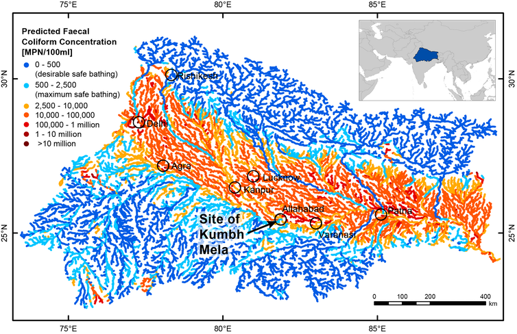 <span class="caption">Predicted sewage pollution across the Ganges catchment including Allahabad – the site of the Kumbh Mela.</span> <span class="attribution"><a class="link " href="https://medium.com/@d.g.milledge/why-over-350-million-people-in-the-ganges-catchment-live-near-rivers-too-polluted-for-bathing-or-2eefd145087e" rel="nofollow noopener" target="_blank" data-ylk="slk:Milledge et al., 2018;elm:context_link;itc:0;sec:content-canvas">Milledge et al., 2018</a>, <span class="license">Author provided</span></span>