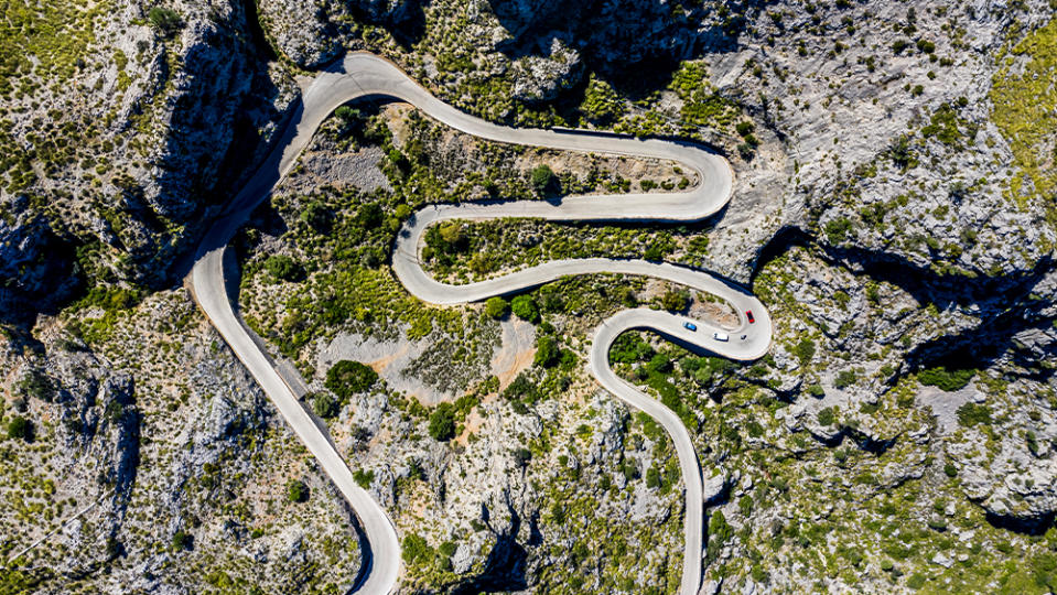 Aerial view of serpentine road MA-2141 to Sa Calobra,Serra de Tramuntana, Spain