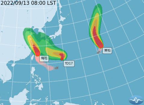 氣象局表示，目前台灣東方海面有3個熱帶系統，但三颱共舞機率低。（圖／翻攝自 中央氣象局）