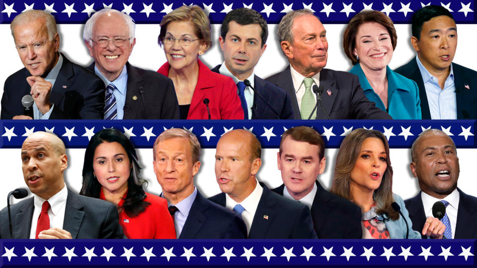 Top from left: Joe biden, Bernie Sanders, Elizabeth Warren, Pete Buttigieg, Michale Bloomberg, Amy Klobuchar and Andrew Yang. Bottom: Cory Booker, Tulsi Gabbard, Tom Steyer, John Delaney, Michael Bennet, Marianne Williamson and Deval Patrick. (Photo illustration: Yahoo News; photos: AP)