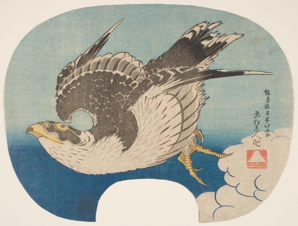 Among the wonders of this depiction of a hawk in flight is its utilitarian function as part of a hand fan. In glorious if often subtle colors, the Japanese woodblock print masters of the Edo Period used nature as a primary subject. Katsushika Hokusai is credited with "A Hawk in Flight," circa 1840,