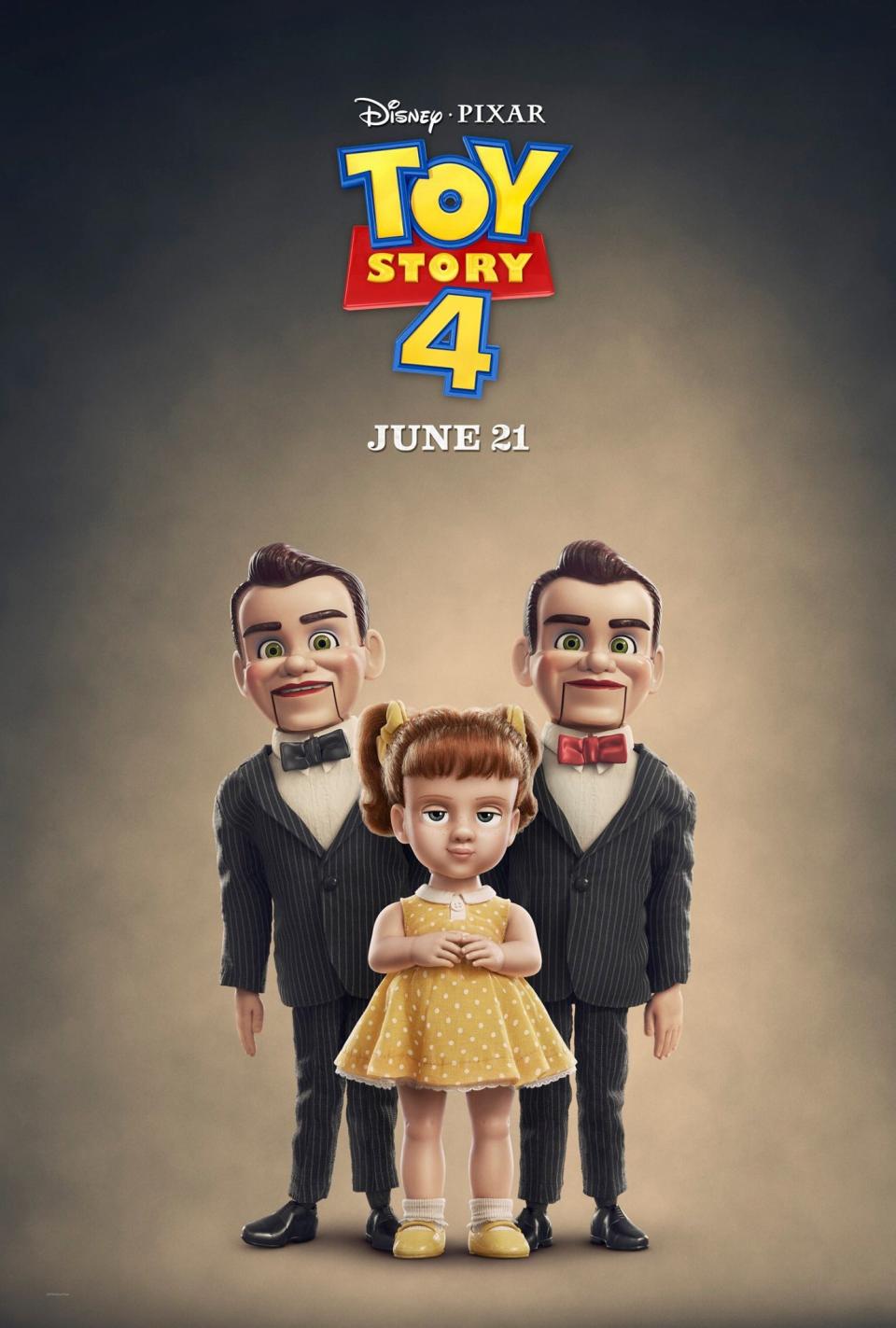 Promotional poster for Toy Story 4 featuring Gabby Gabby and Benson, premiering June 21