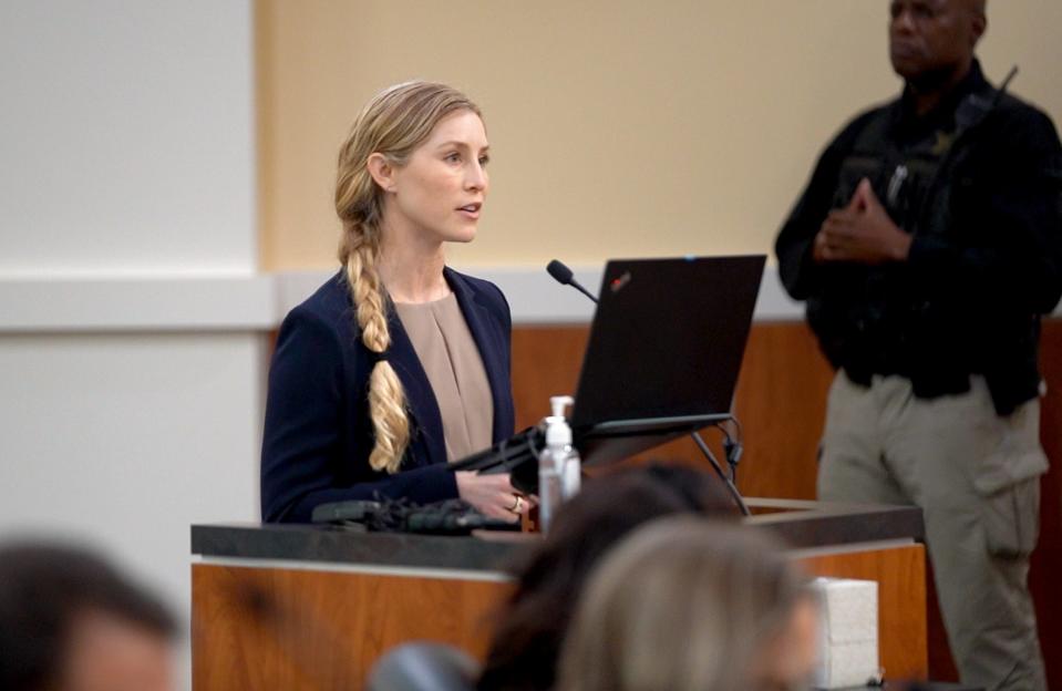 Paige Bellissimo speaks during the Wellington's Equestrian Preserve Committee meeting on whether to approve the Wellington North proposal to build new luxury homes and expand the equestrian showgrounds on June 7, 2023 in Wellington, Florida. The committee denied the proposal. 