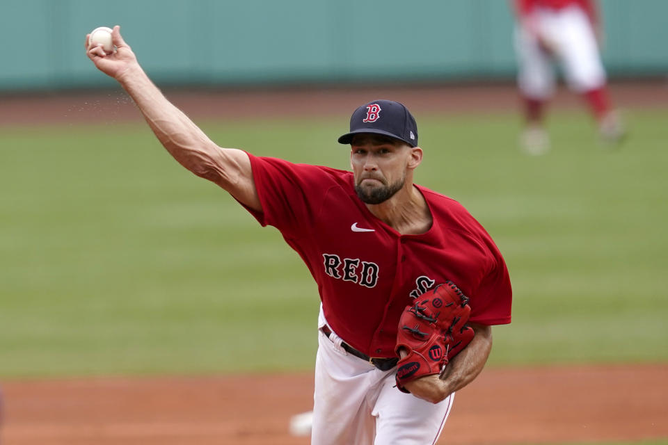 Boston Red Sox starting pitcher Nathan Eovaldi delivers to the Kansas City Royals in the first inning of a baseball game at Fenway Park, Thursday, July 1, 2021, in Boston. (AP Photo/Elise Amendola)