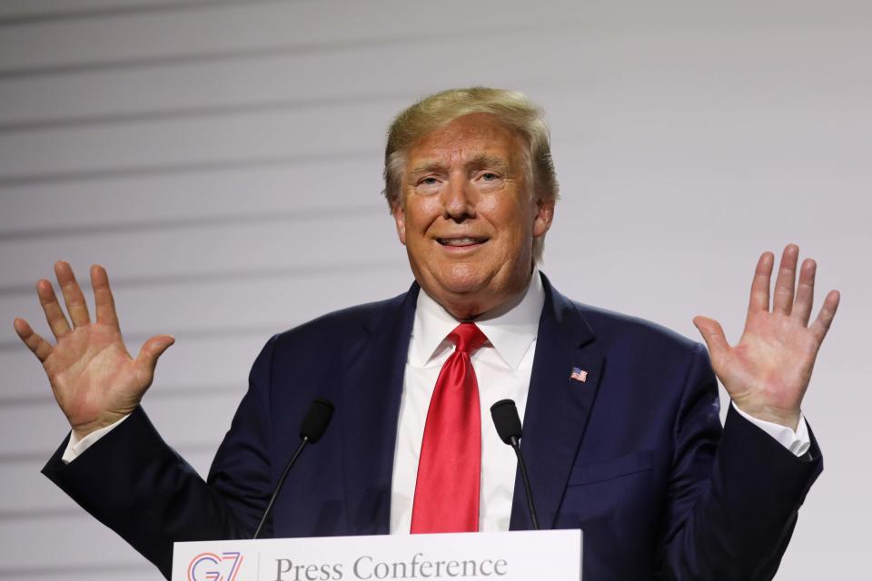 President Donald Trump gestures during a joint press conference with French President Emmanuel Macron in Biarritz, France, on August 26, 2019, on the third day of the annual G7 Summit.