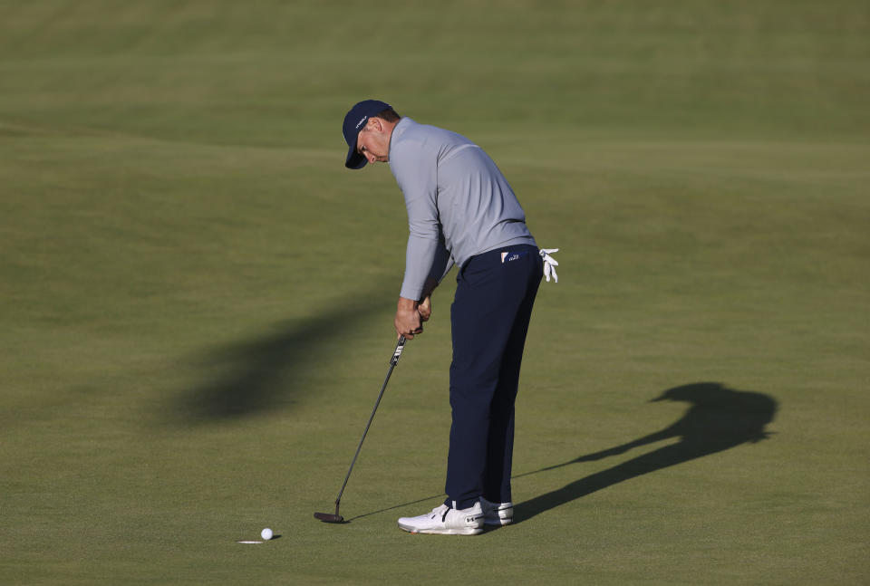 United States' Jordan Spieth putts on the 18th green during the second round of the British Open Golf Championship at Royal St George's golf course Sandwich, England, Friday, July 16, 2021. (AP Photo/Ian Walton)