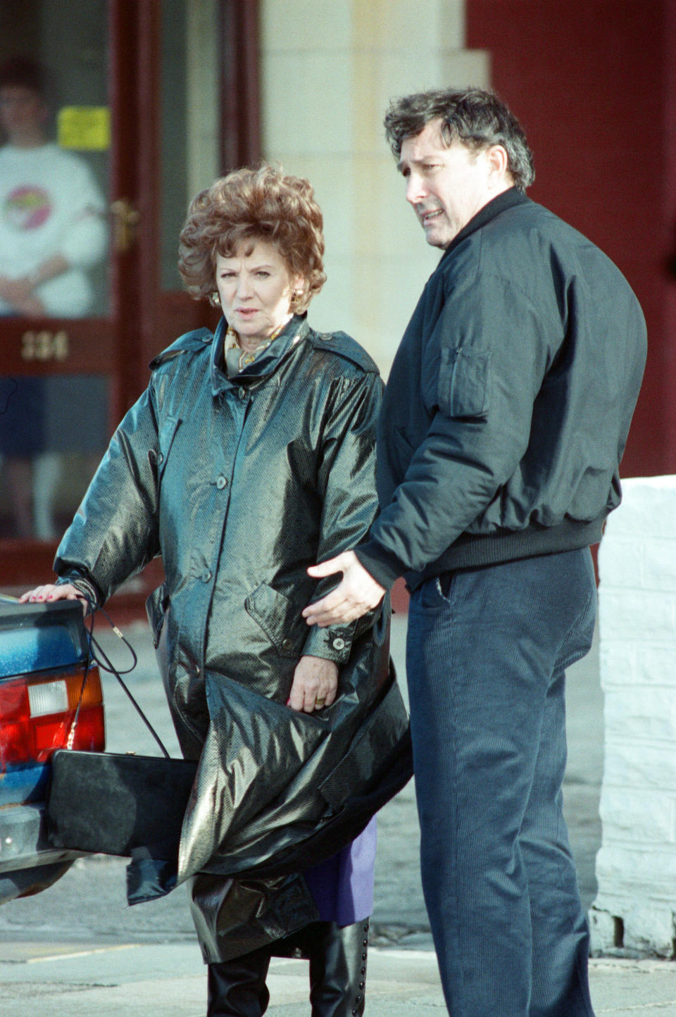 The cast of 'Coronation Street' filming scenes for death of Alan Bradley storyline in Blackpool. Barbara Knox and Mark Eden as Rita Fairclough and Alan Bradley. 30th October 1989. (Photo by Andrew Stenning/Mirrorpix/Getty Images)