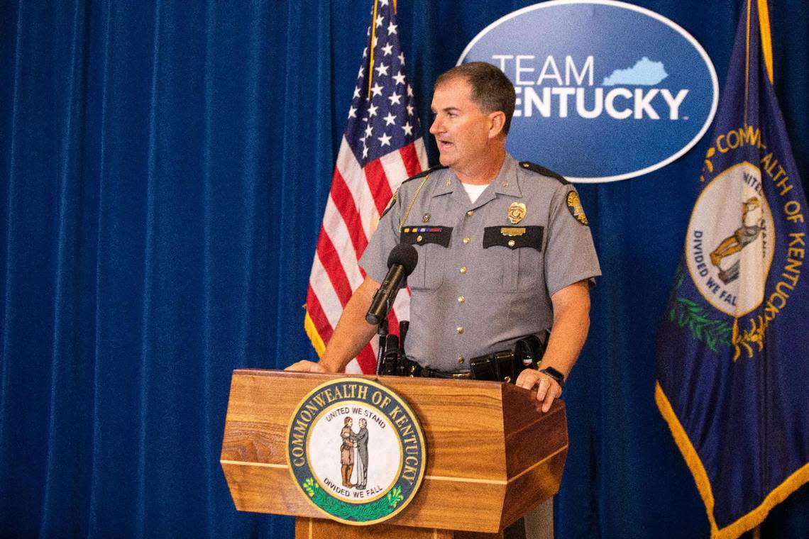 Kentucky State Police Commissioner Col. Philip Burnett Jr. speaks about operation United Front that targeted human trafficking that resulted in the rescue of 21 victims and the arrest of 41 individuals during a press conference at the Capitol in Frankfort, Ky., Wednesday, September 1, 2021.