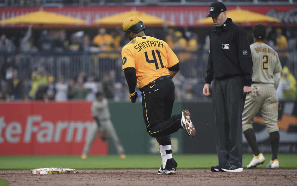 Pittsburgh Pirates' Carlos Santana runs the bases after hitting a solo home run against the San Diego Padres during the third inning of a baseball game Tuesday, June 27, 2023, in Pittsburgh. (AP Photo/Justin Berl)