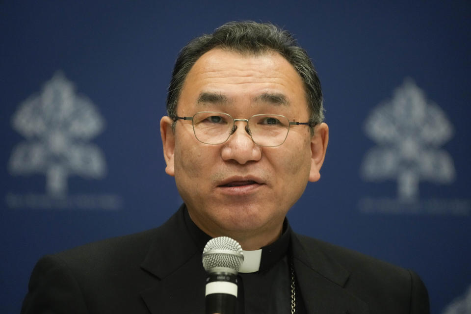 The new Caritas Internationalis President, Tokyo Archbishop Tarcisio Isao Kikuchi, meets the journalists at the Vatican, Tuesday, May 16, 2023. (AP Photo/Gregorio Borgia)