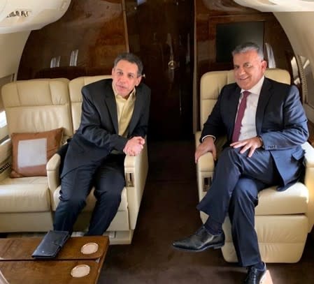 Freed Lebanese businessman Nizar Zakka is pictured with Major General Abbas Ibrahim, Lebanon's internal security chief, aboard the plane in this handout released by Lebanese General Security Directorate