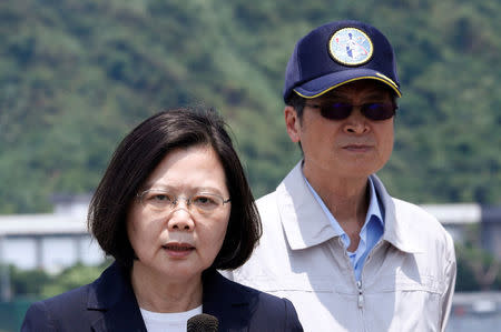 Taiwanese President Tsai Ing-wen and Minister of National Defense Yen Teh-fa attend a drill near Yilan naval base, Taiwan April 13, 2018. REUTERS/Tyrone Siu