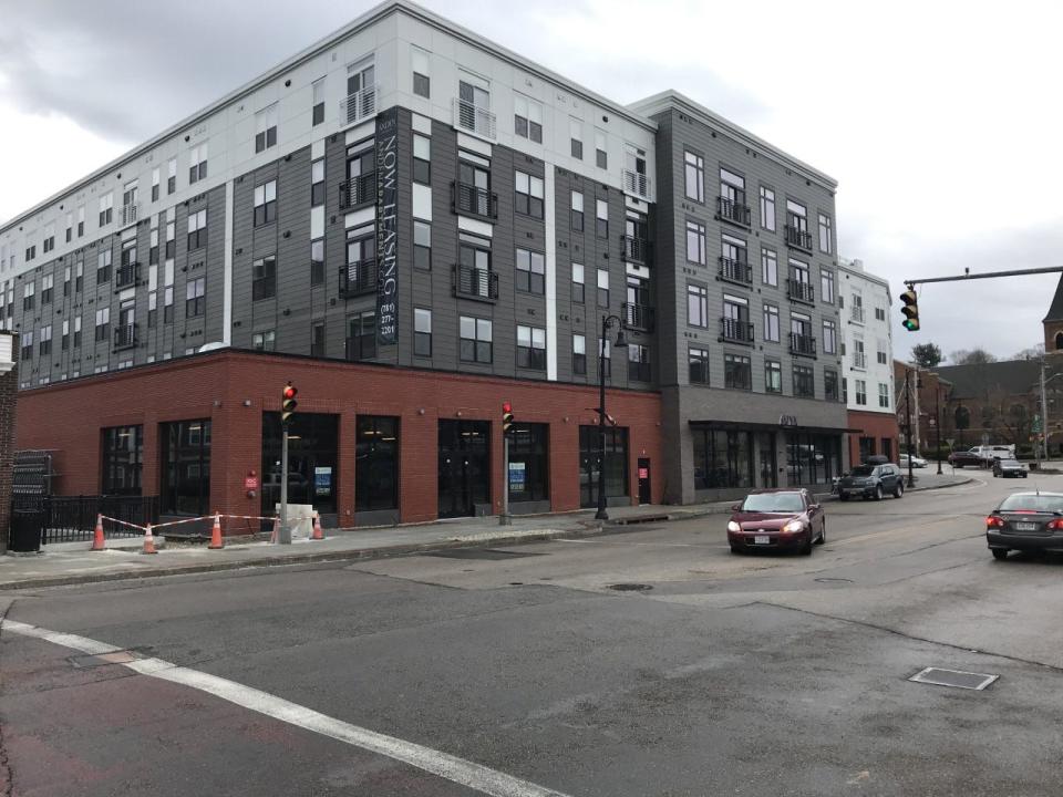 The new Transit Orientated District in Taunton can have a three-story story apartment -retail structure built near the Taunton MBTA station that resembles this complex located near the Braintree-Weymouth MBTA station