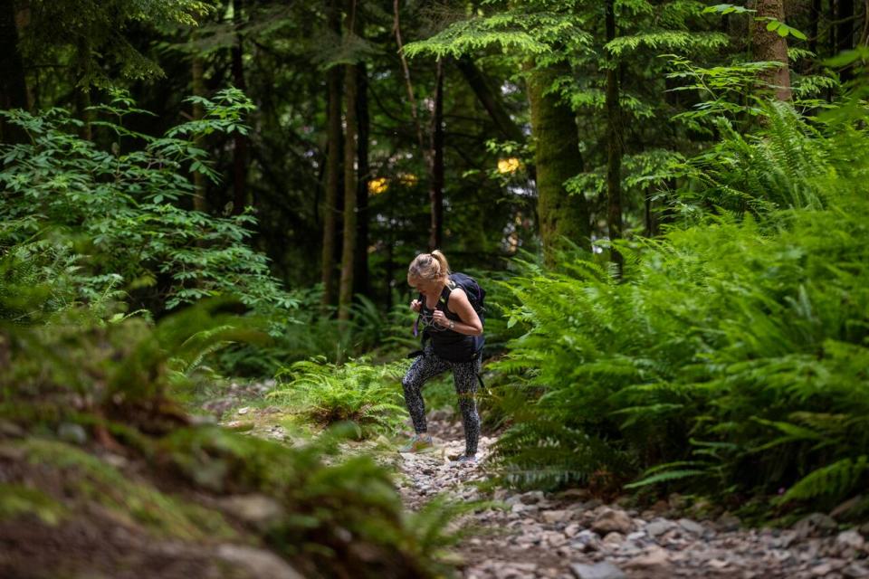 Hikers are pictured on the Grouse Grind trail during the first day of reopening in North Vancouver, British Columbia on Monday, June 22, 2020.