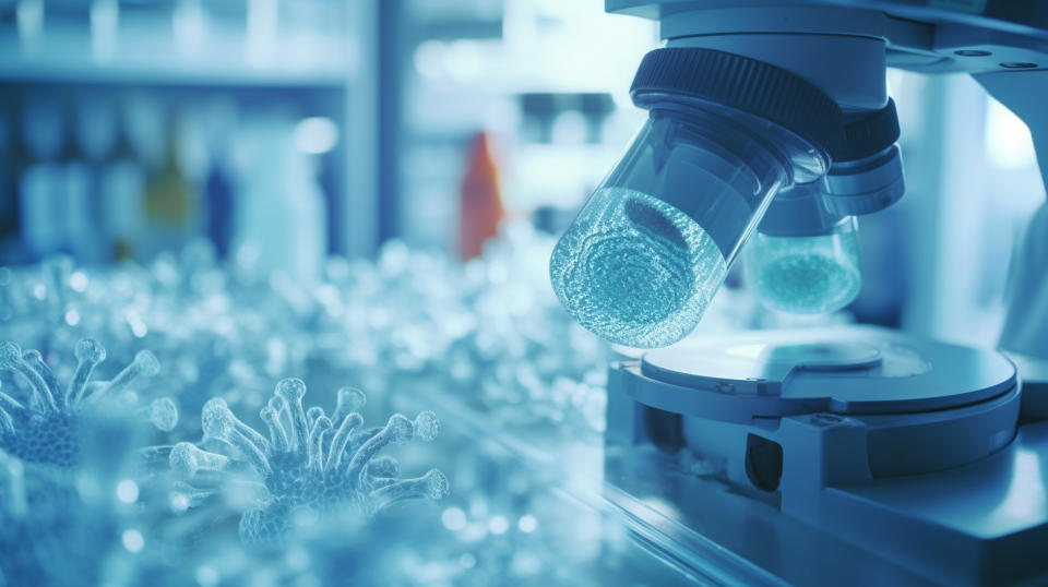 A laboratory employee in a sterile environment inspecting a microscope focused on a Clostridioides difficile infection sample.