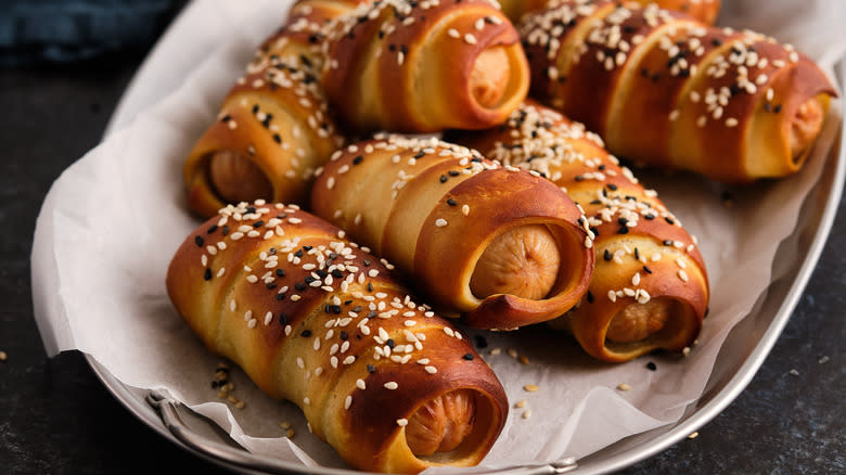 Pretzel dogs on a plate