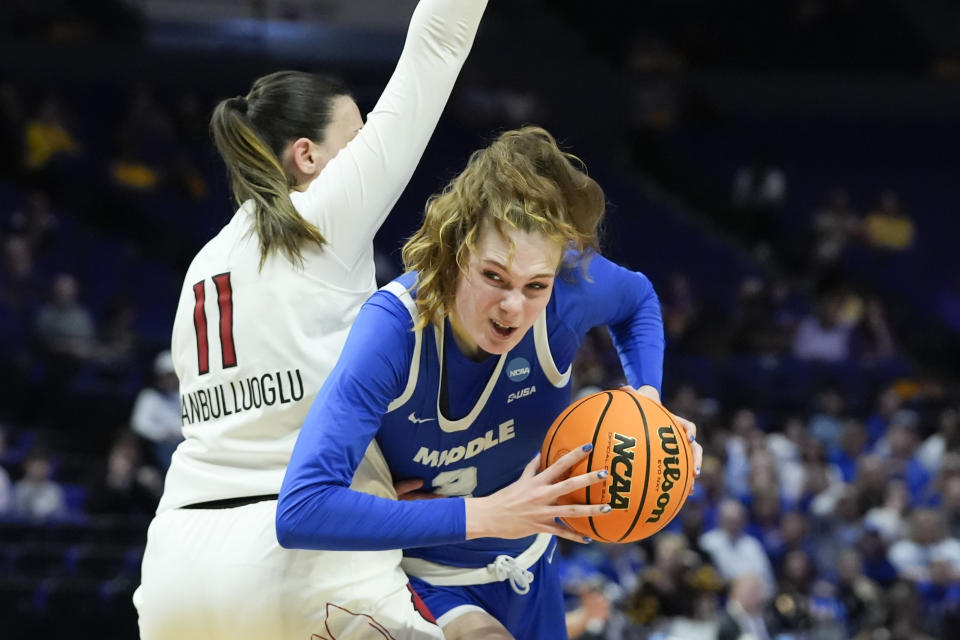 Anastasiia Boldyreva and MTSU rallied from an 18-point deficit to upset Louisville. (AP Photo/Gerald Herbert)