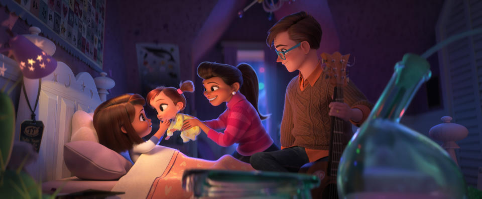 (from left) Tabitha Templeton (Ariana Greenblatt), Tina Templeton (Amy Sedaris), Carol Templeton (Eva Longoria) and Tim Templeton (James Marsden) in DreamWorks Animation's The Boss Baby: Family Business, directed by Tom McGrath.