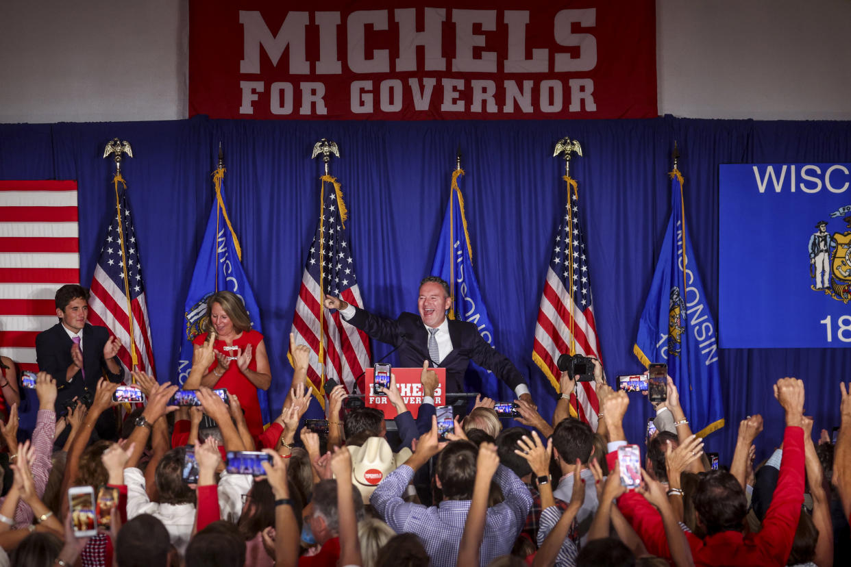 Image: Republican gubernatorial candidate Tim Michels at an election-night rally on August 9, 2022 in Waukesha, Wisconsin. (Scott Olson / Getty Images)