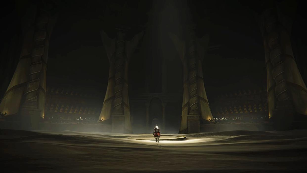  An Elden Ring character enters a large chamber. 