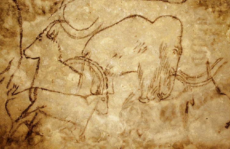 <span class="caption">Depiction of a mammoth at Rouffignac Cave in France.</span> <span class="attribution"><a class="link " href="https://commons.wikimedia.org/wiki/File:Grotte_de_Rouff_mammut.jpg" rel="nofollow noopener" target="_blank" data-ylk="slk:Wikimedia Commons;elm:context_link;itc:0;sec:content-canvas">Wikimedia Commons</a></span>