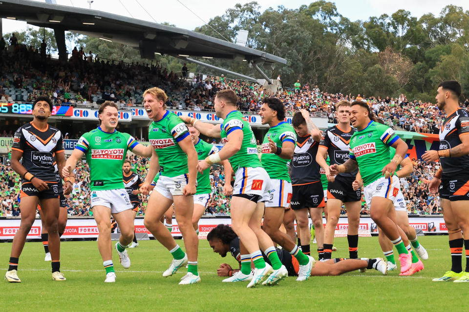 CANBERRA, AUSTRALIA - MARCH 16: Zac Hosking of the Raiders celebrates a try during the round two NRL match between Canberra Raiders and Wests Tigers at GIO Stadium, on March 16, 2024, in Canberra, Australia. (Photo by Jenny Evans/Getty Images)