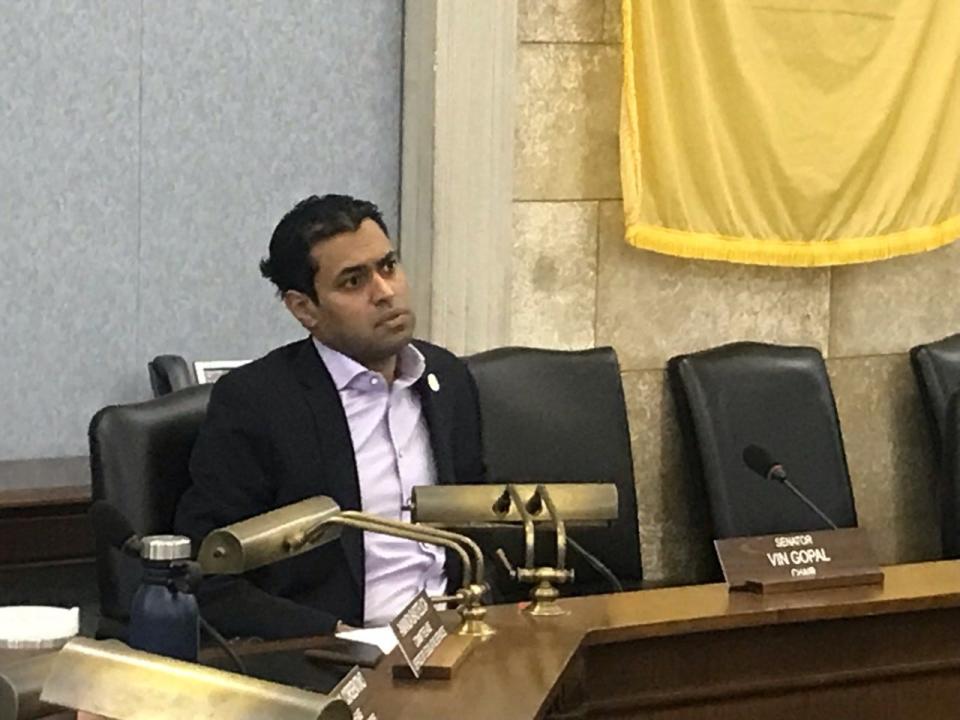 State Senator Vin Gopal, D-Monmouth, chairs an education committee hearing on teen suicide on March 2, 2023