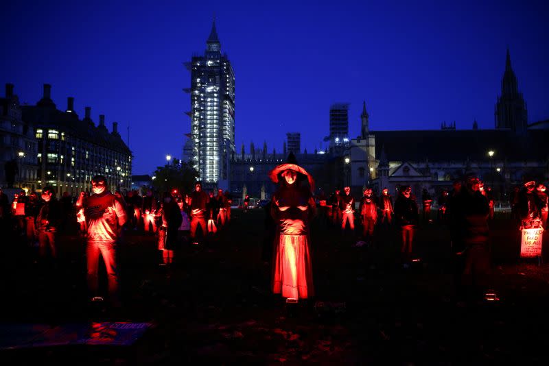 Demonstrators from the West End Campaign protest on parliament square, calling for more funding for the performing arts, amid the coronavirus disease (COVID-19) outbreak, in London