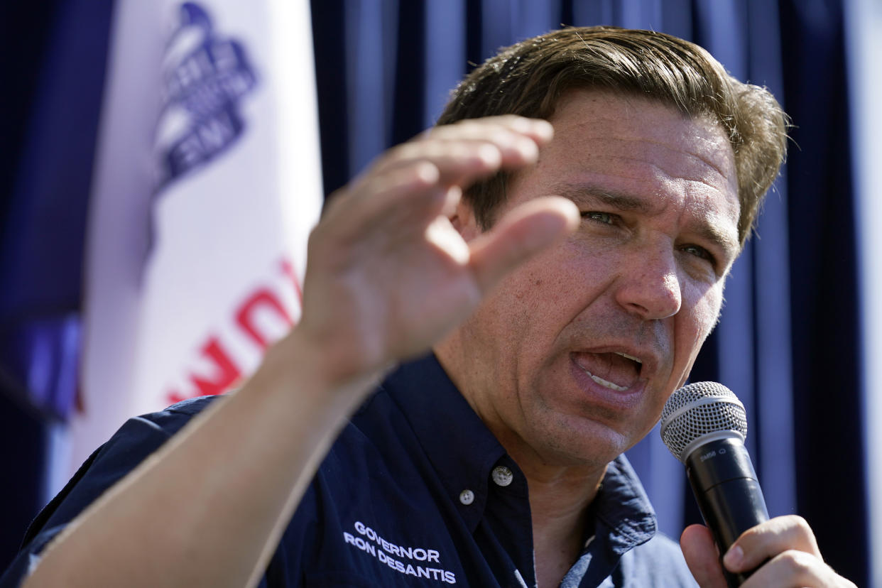 Republican presidential candidate Florida Gov. Ron DeSantis speaks during a Fair-Side Chat with Iowa Gov. Kim Reynolds at the Iowa State Fair, Saturday, Aug. 12, 2023, in Des Moines, Iowa. Disney has countersued DeSantis's Central Florida Tourism Oversight District, marking the latest development in the back-and-forth saga that's plagued the media giant. (Jeff Roberson/AP Photo)