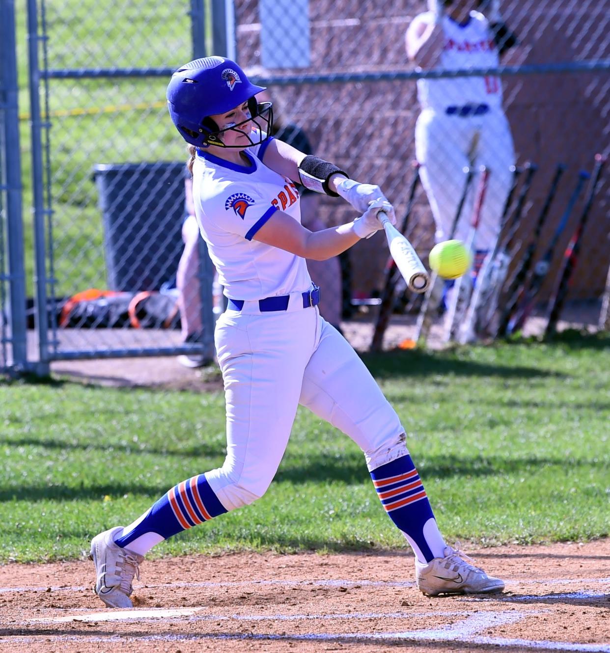 Thomas A. Edison's Bri Korsky takes a swing during a 20-1, five-inning win over Elmira Notre Dame in IAC softball May 1, 2024 at Cohen Elementary School's field.