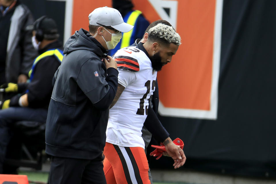 Odell Beckham Jr. was injured trying to make a tackle after a Baker Mayfield interception. (Photo by Andy Lyons/Getty Images)