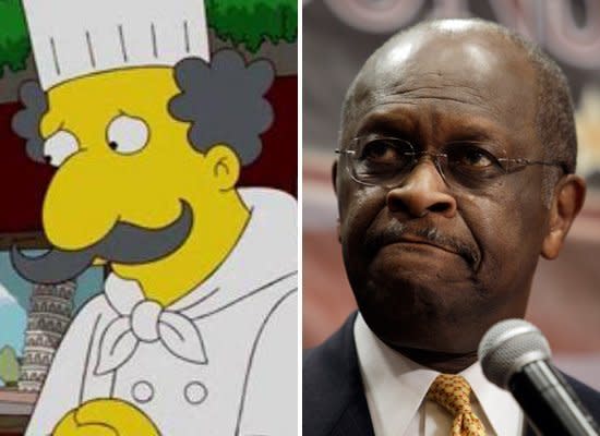 By now, many know Herman Cain's unusual backstory; before throwing his hat into the election ring, the GOP frontrunner worked for Coca-Cola, Pillsbury, and other food companies before becoming CEO of Godfather's Pizza. It seems "The Simpsons" predicted such a tale: Springfield's resident pizza man Luigi Risotto was revealed to serve on the Hollywood Foreign Press Association when he's not making pies.