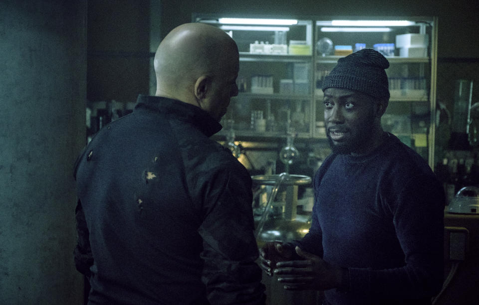 This image released by Columbia Pictures shows Vin Diesel, left, and Lamorne Morris in a scene from "Bloodshot." (Graham Bartholomew/Sony/Columbia Pictures via AP)