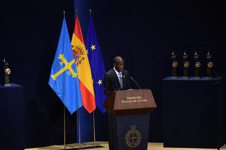 Kenyan athlete Eliud Kipchoge speaks before receiving the Princess of Asturias Award for Sports during the awards ceremony in Oviedo, northern Spain, Friday, Oct. 20, 2023. The awards, named after the heir to the Spanish throne, are among the most important in the Spanish-speaking world. (AP Photo/Alvaro Barrientos)