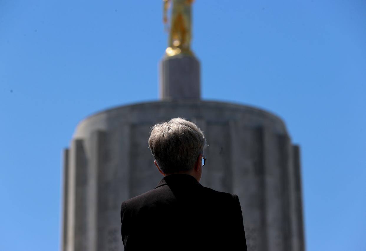 Gov. Tina Kotek speaks May 17 at the Oregon State Capitol.