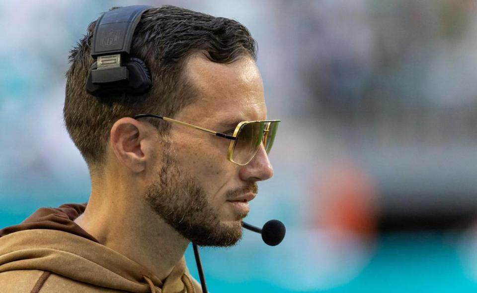 Dolphins coach Mike McDaniel’s fashion game even extends to his eyewear. He will sometimes trade his prescription glasses for a pair of Dita Midnight Special sunglasses.