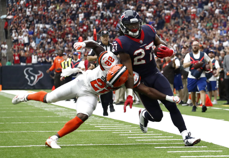 Cleveland Browns safety Jabrill Peppers (22) pushes Houston Texans running back D'Onta Foreman (27) out of bounds after Foreman caught a pass near the end zone in the first half of an NFL football game, Sunday, Oct. 15, 2017, in Houston. (AP Photo/Eric Gay)