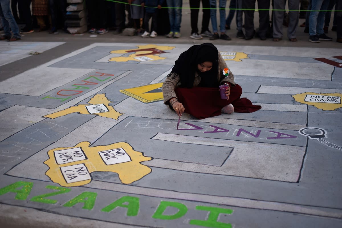 Graffiti made by students and artists as part of the ongoing protest against Citizenship Amendment Act (CAA) at Shaheen Bagh, on January 19, 2020 in New Delhi, India. (Photo by Burhaan Kinu/Hindustan Times via Getty Images)