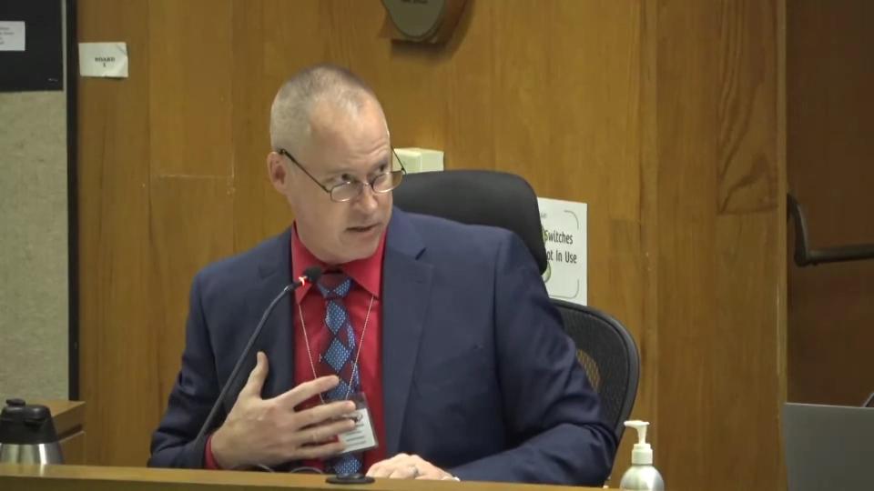 Alachua County Superintendent Shane Andrew defends the lack of progress on major district issues during a May 2, 2023 meeting.